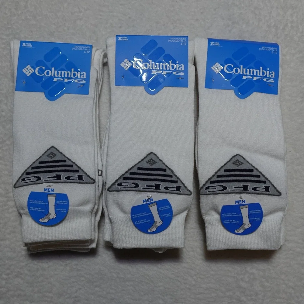 PACK OF 3 Columbia PFG Crew Socks Men's 6-12 White Performance Fishing Gear